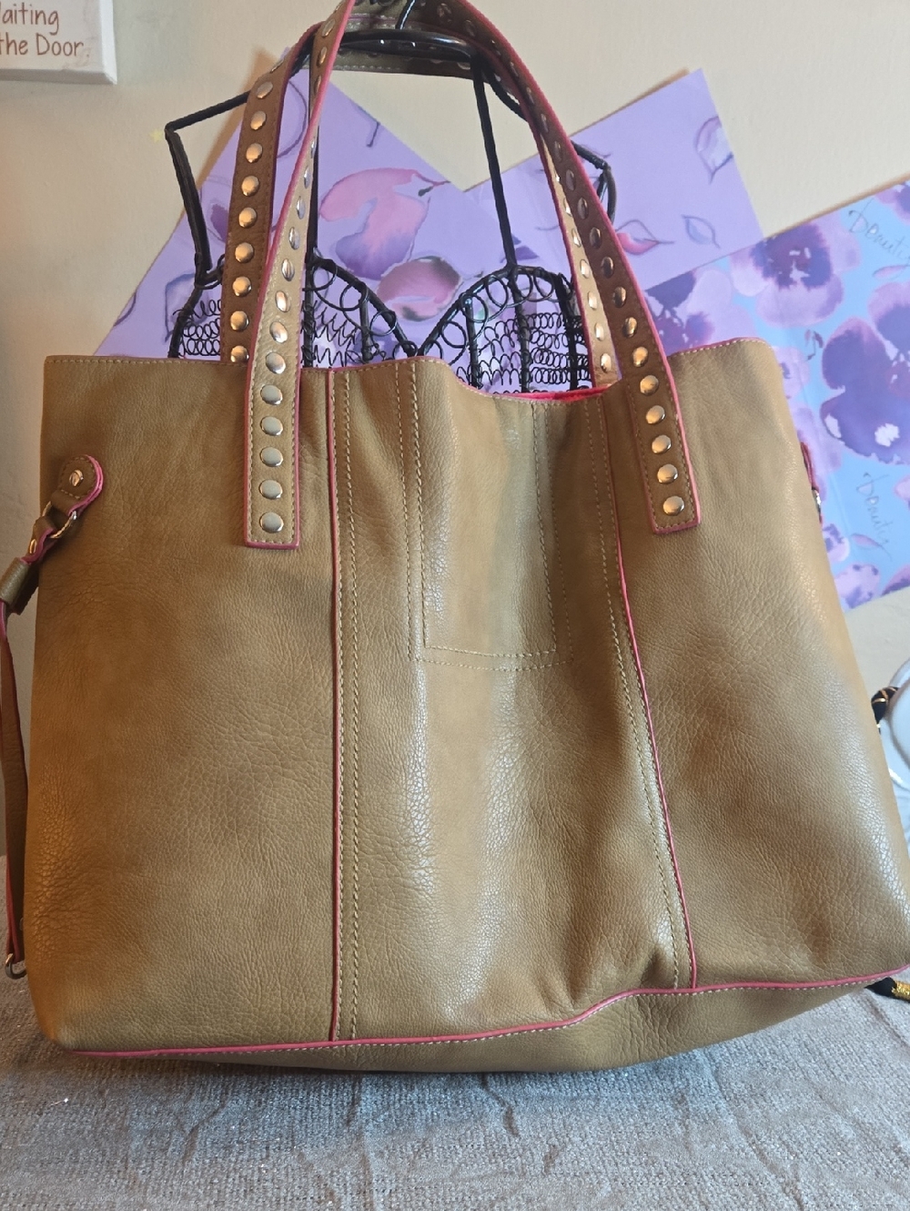Leather Tote Bag with Pink Trim